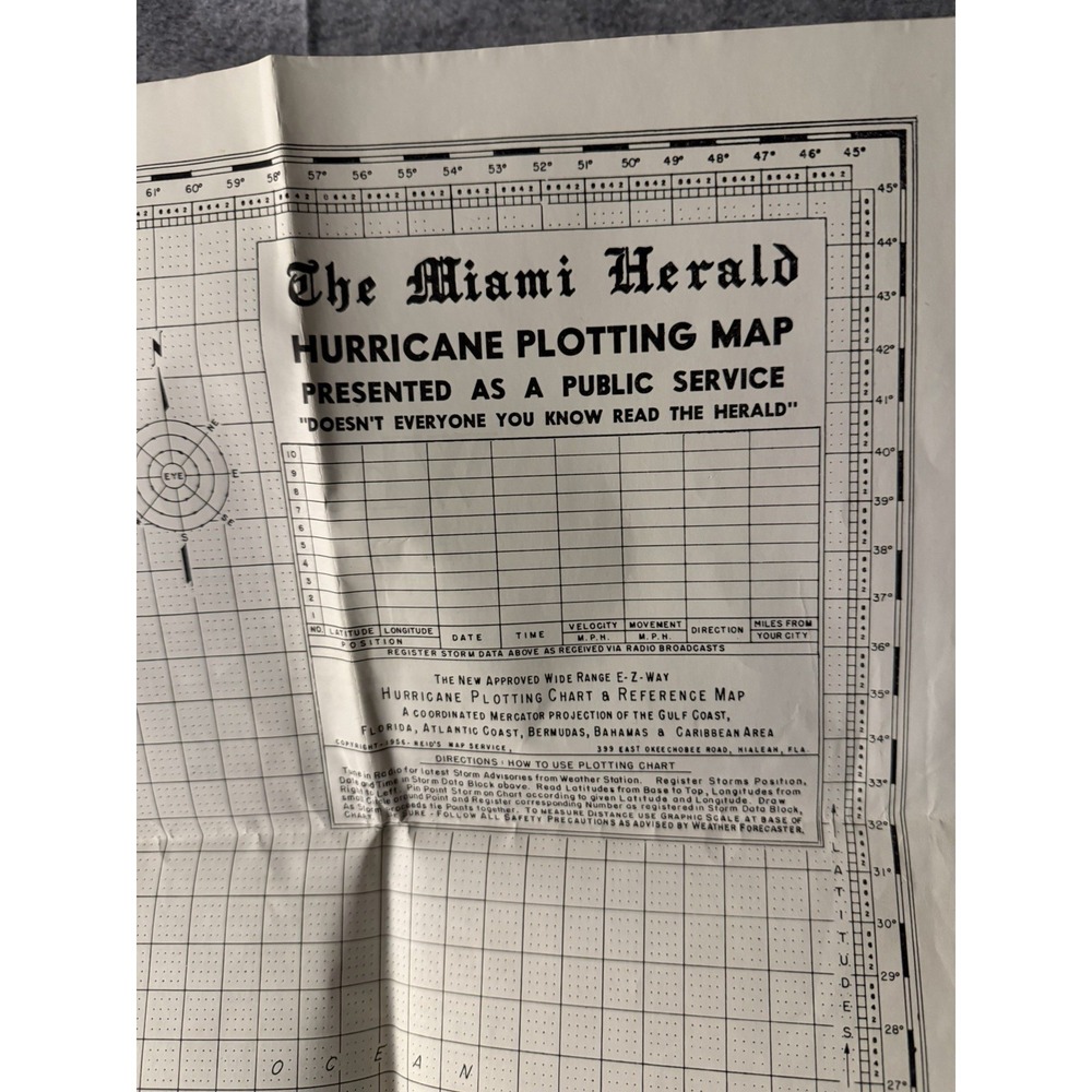 Vintage 1960s-1970s‎ Miami Herald Hurricane Plotting Map double sided